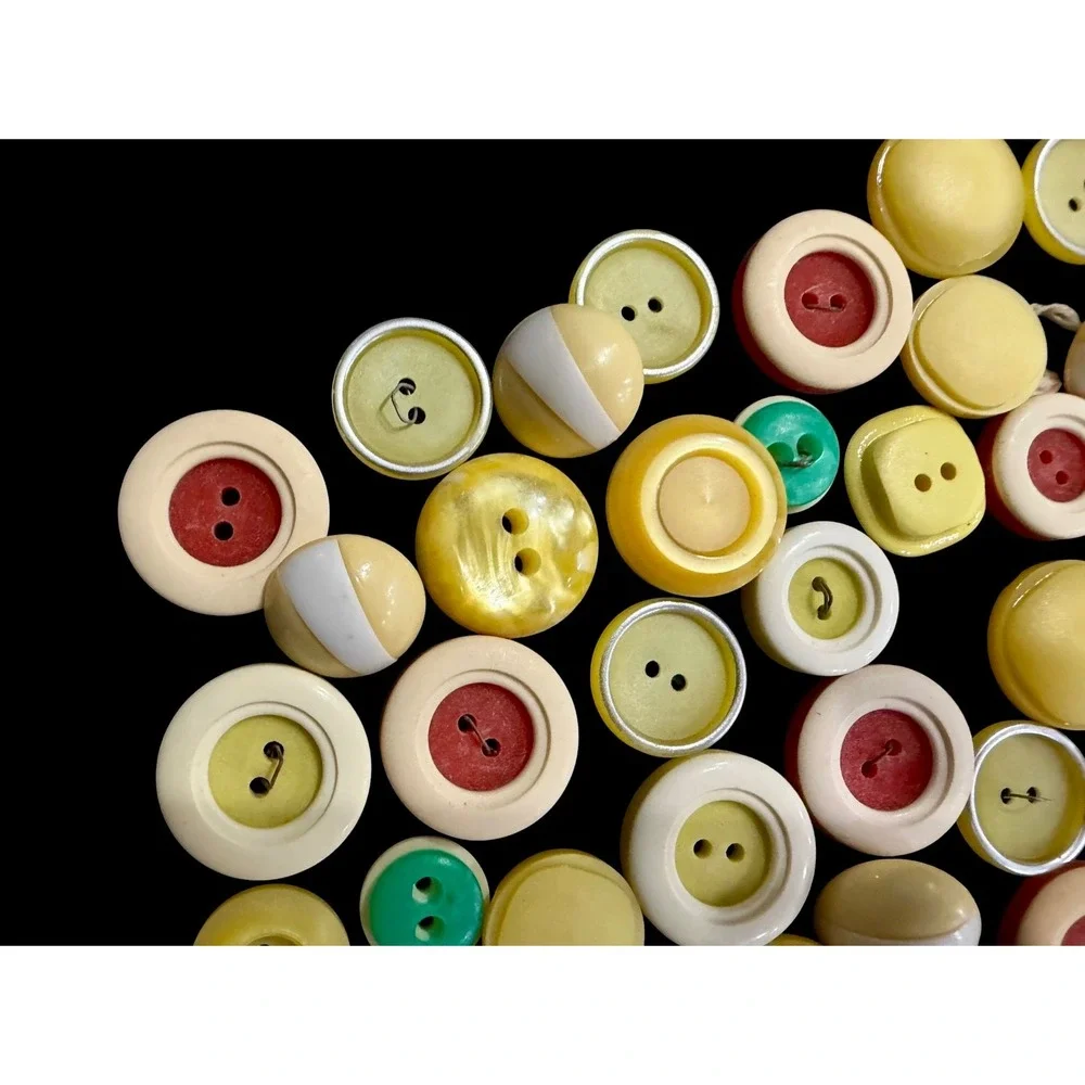 65+ Vintage Plastic Sewing Buttons Lot Two Tone Halo Layered Cream Yellow Mixed